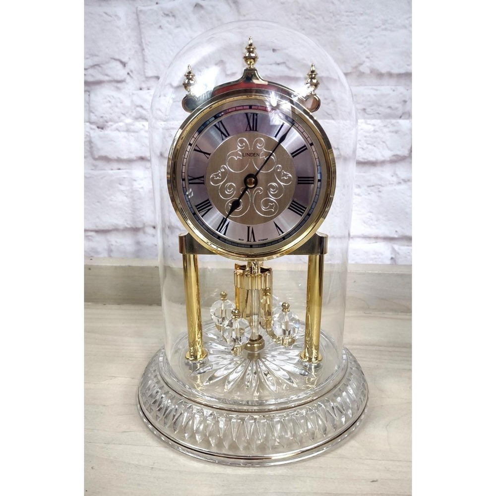 Vintage Linden Quartz Anniversary Clock Glass Dome Swarovski Crystal Pendulum